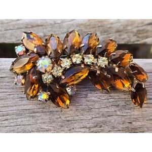 Vintage Amber Tone Navette & AB Crystal Rhinestone Layered Leaf Brooch